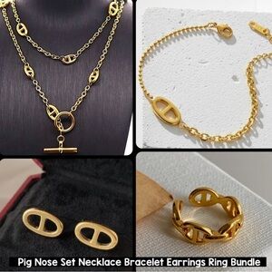 Gold Pig Nose Necklace, Bracelet, Ring, Earrings Set Gold Plated